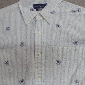 Polo Ralph Lauren Shirt Medium White Seersucker Short Sleeve Anchor Retriever